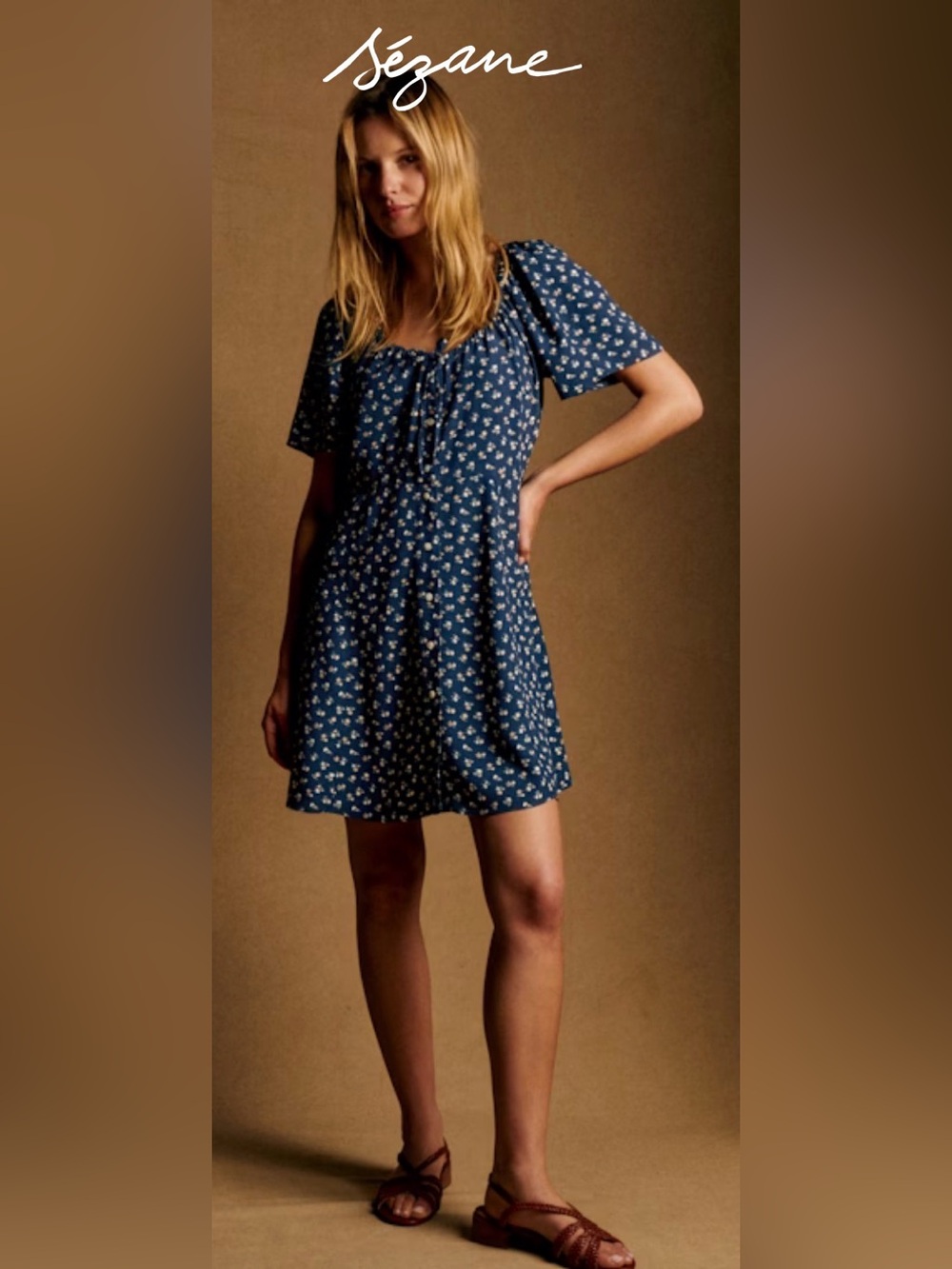 Sézane Vika Navy Floral Print Dress Size 34